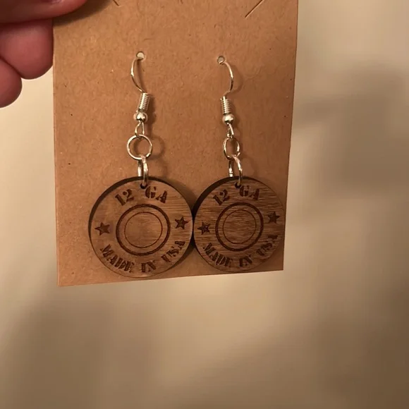 Handmade 12 GA USA Engraved Wooden Dangle Earrings Rustic Western Bullet Style - Picture 6 of 9